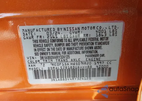 2024 Nissan Sentra Sr Xtronic Cvt из США, поврежденный, VIN 3N1AB8DV4RY324125